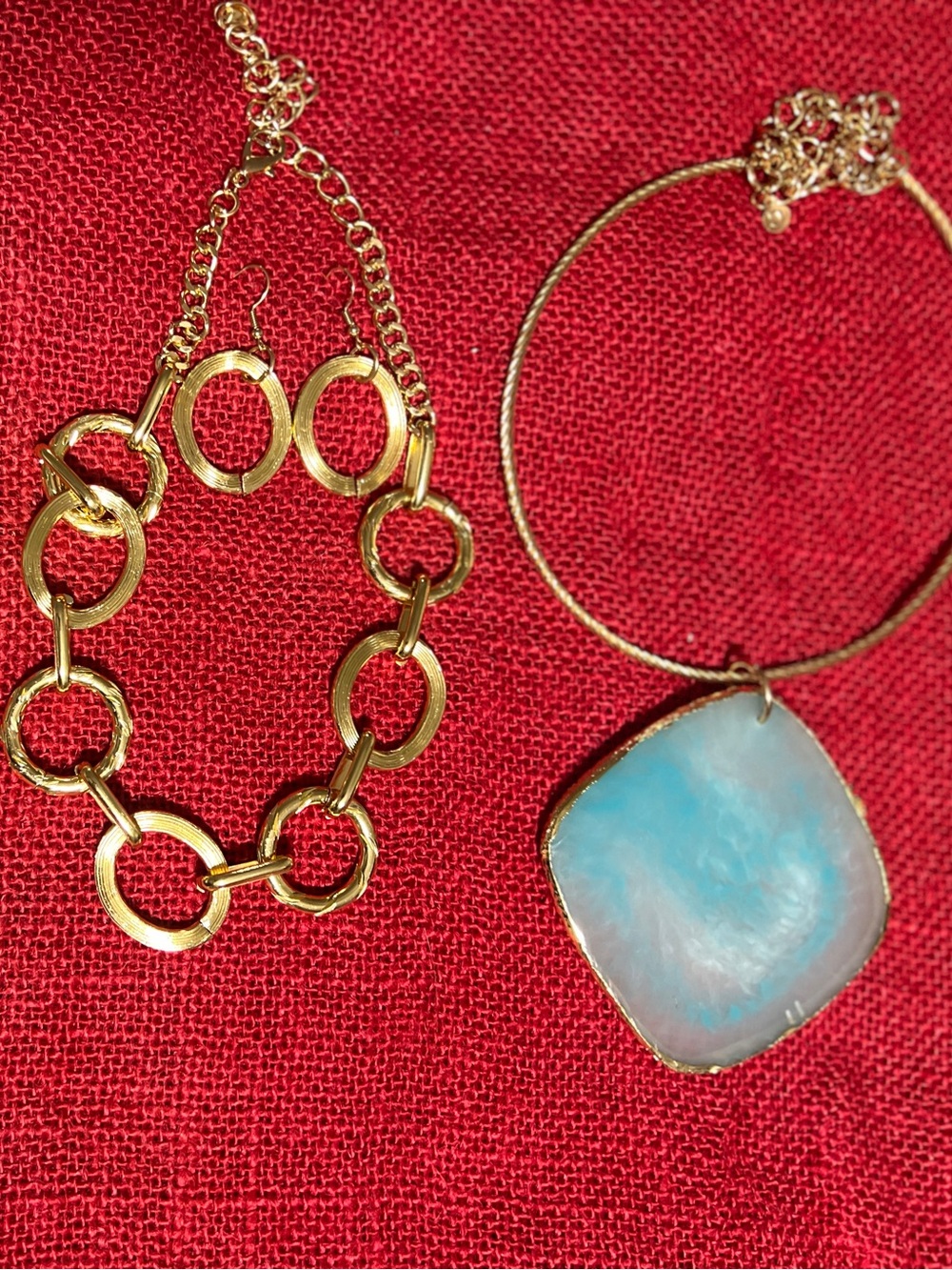Gold Circle Link Bracelet & Gold Necklace with Blue Pendant - Women Jewelry